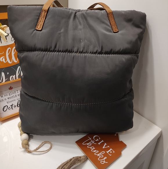 🤗 Vintage GUC UGG Brand Australia Puffer Tote w/Leather Handles, Charcoal/Tan - Picture 2 of 11